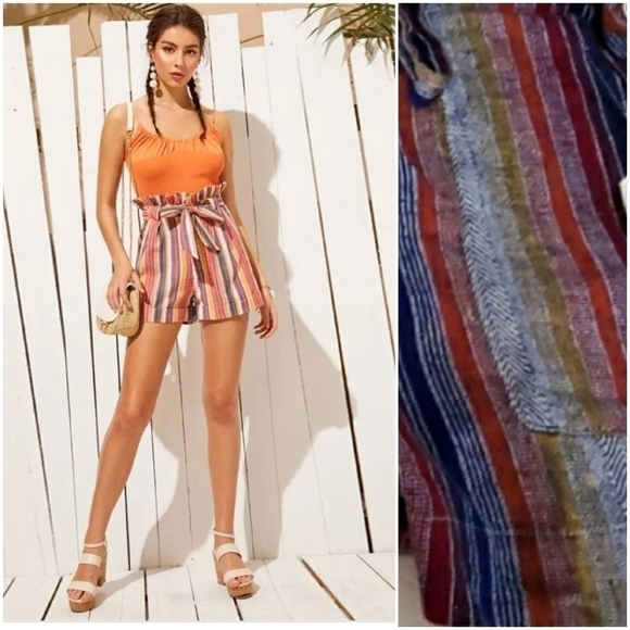 Indigo Rein Linen Blend Striped Paper Bag High Waisted Shorts - Picture 3 of 6